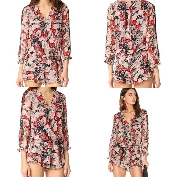 Joie Women's M Ellar Silk Floral Pink Black Romper - Picture 1 of 16